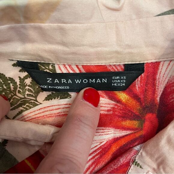 Zara Pastel Pink Tropical Floral Print Shirt dress Midi length - Picture 3 of 7